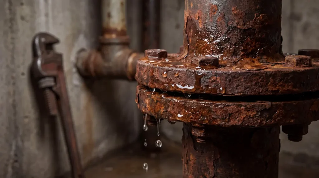 Corroded original plumbing pipe showing common rust and access exclusions in a home warranty for older homes.